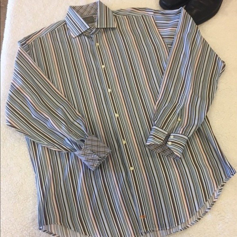 Thomas Dean Mens Woven Cotton Stripe Shirt - Picture 2 of 5
